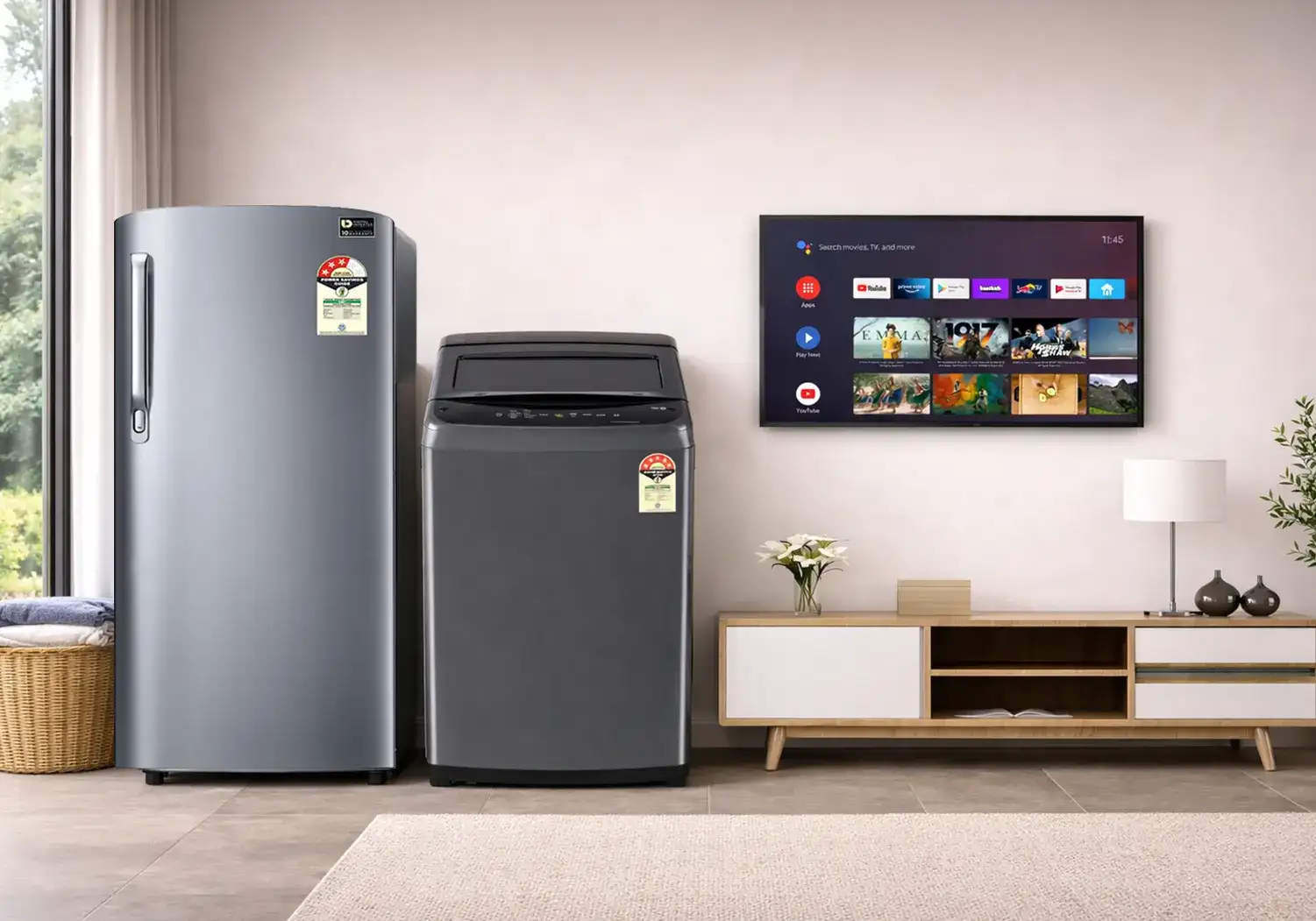 Smart LED TV 32-Inch, Single Door Fridge & Top Load Washing Machine  Combo